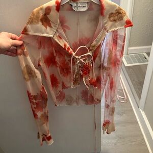 Vibrant Floral Sheer Blouse with Tie Front
